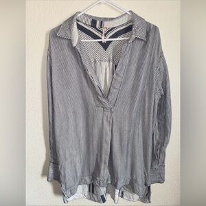 Free People Striped Relaxed Fit V Neck Collared Long Sleeve Tunic Blue Sz Large